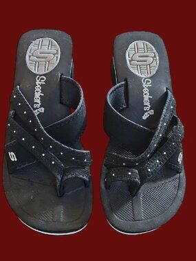 Skechers Cali Black Strappy Rhinestone Wedge Sandals Size 7